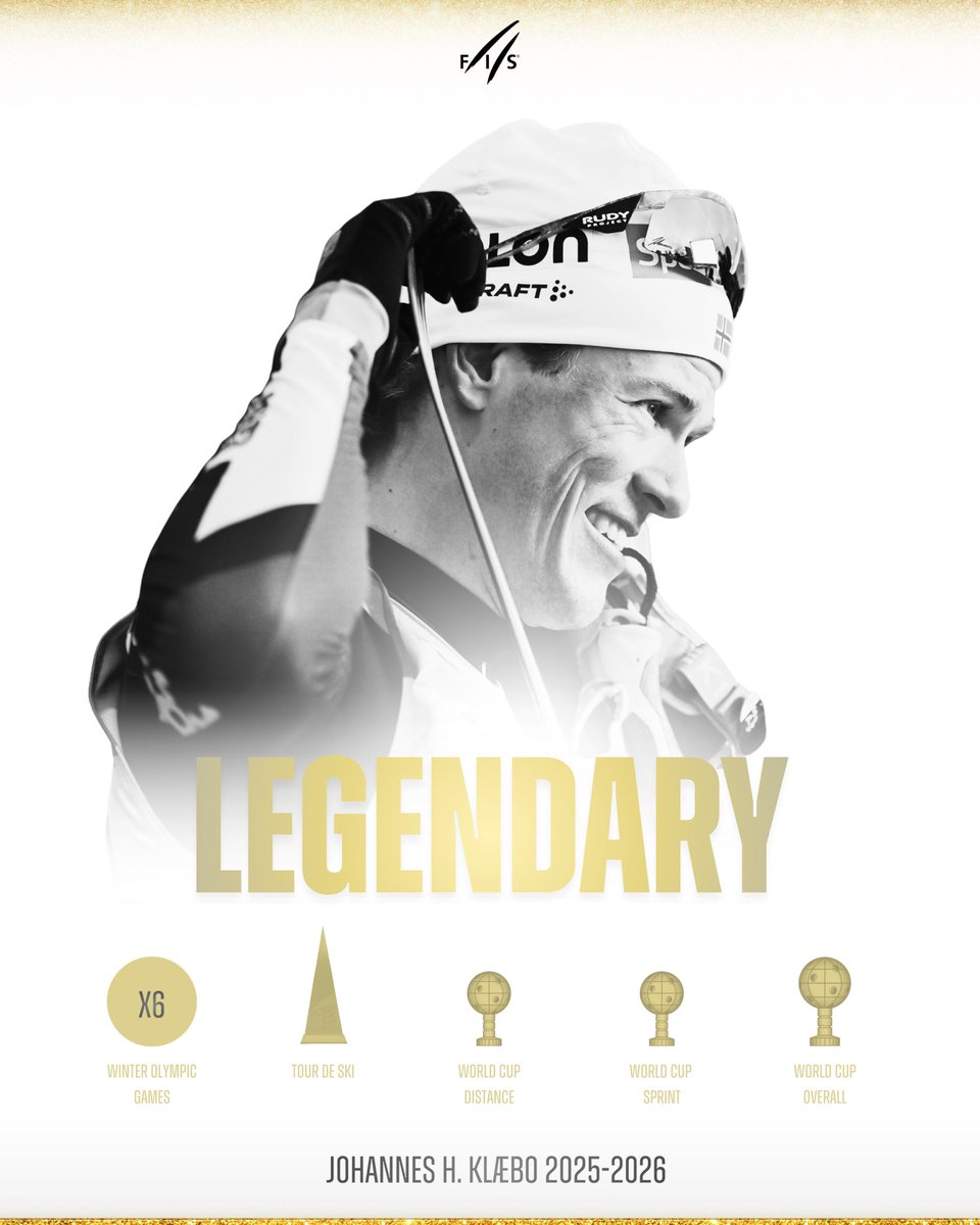 FISCrossCountry's tweet image. This is what being the best of all time looks like:

2025/2026 season: 

6/6 Olympic Gold 🥇 
Tour de Ski 🏆
Distance Globe 🔮 
Sprint Globe 🔮 
Overall Globe 🔮

#fiscrosscountry #wintersport #worldcuplakeplacid
