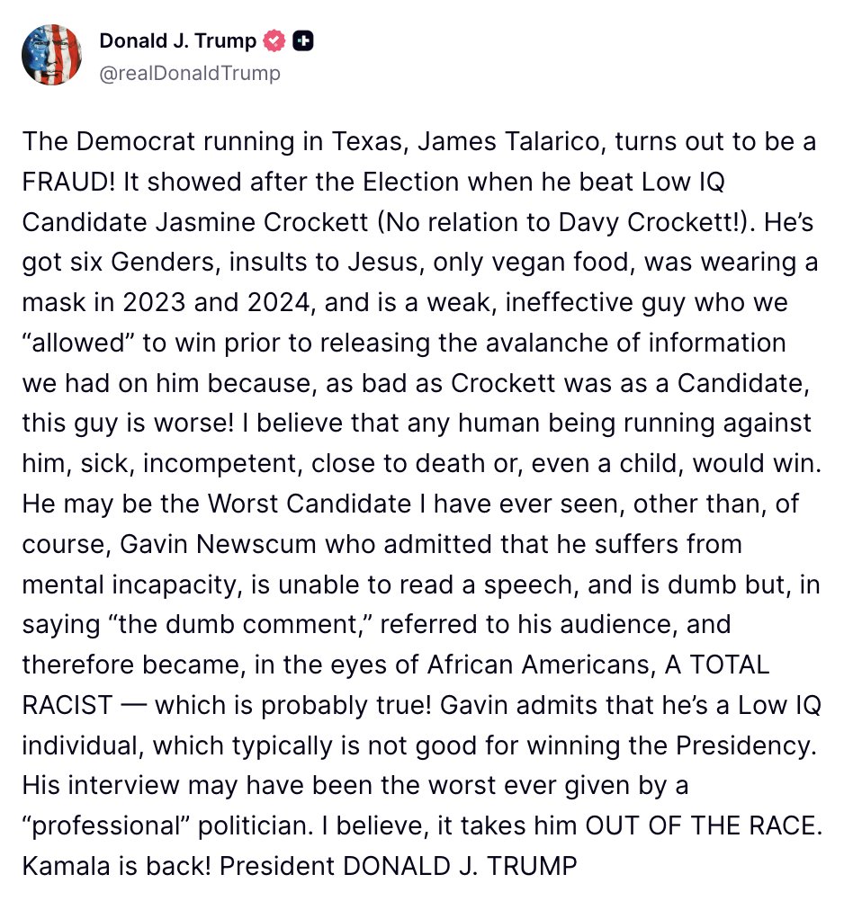 RealAmVoice's tweet photo. 🚨 @POTUS: "The Democrat running in Texas, James Talarico, turns out to be a FRAUD!" https://t.co/Ib7Bi3gvmJ
