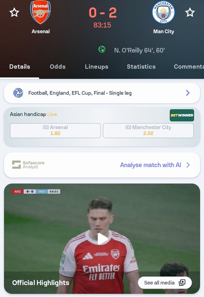 I so much love the way Arsenal is beating Man City right now those Man city  think they can just beat anybody just because they are winning in the champions League. Thank You So Much Arsenal, the LONDON Is Very Much Proud Of You.