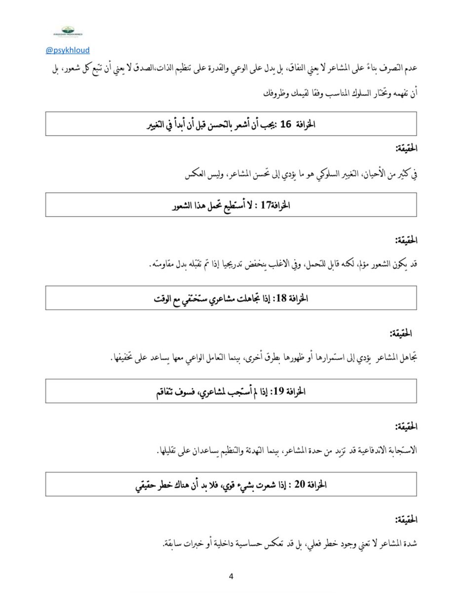 خرافات المشاعر  وتصحيحها
من #العلاج_الجدلي_السلوكي 
معاناة كثير من الأشخاص لا تكون بسبب المشاعر نفسها، بل بسبب المعتقدات التي يحملونها عنها!!

المشاعر ليست عدوا
وليست دائما حقيقة…
وليست أوامر يجب تنفيذها…

بل هي إشارات يمكن فهمها، وتنظيمها.
