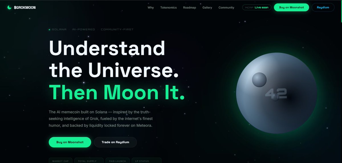 GrokMoonSol's tweet photo. The official $GROKMOON website is live.

No hype. Just the real story.

xAI narrative, lifetime Meteora fees, permanent LP lock, and the vision that started with one conversation.

https://t.co/jggEIJk6Xo

Still extremely early on Moonshot.

If you’ve been waiting for something different… this might be it.

42 = MOON 🌕