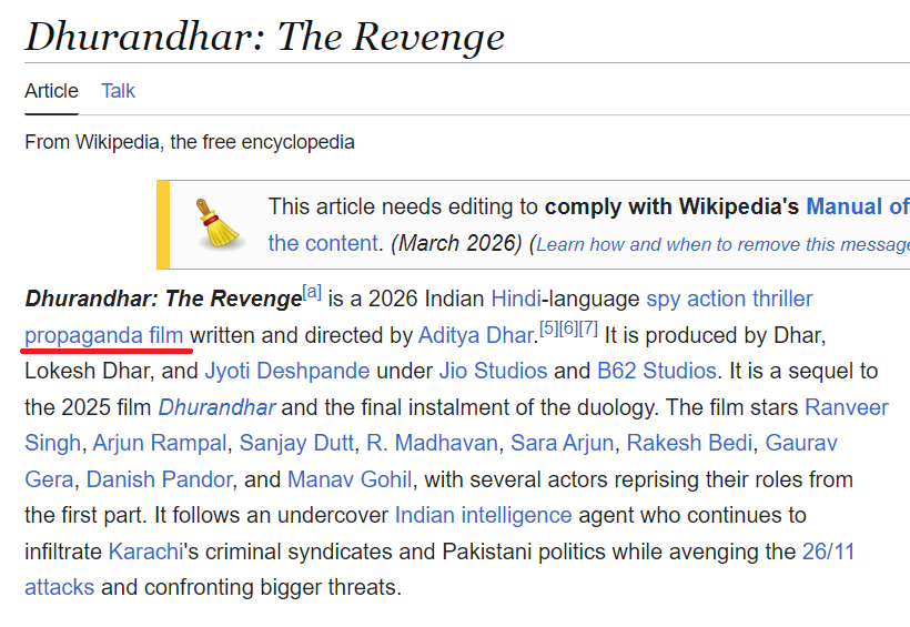 pawan269's tweet photo. While #Dhurandhar2‌TheRevenge is making waves across India and world, first line of #wikipedia written it is a propaganda movie. Not sure how to react to that! https://t.co/flz7Hhf95B