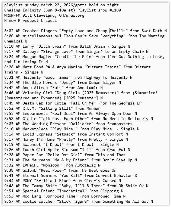 edzeitz's tweet photo. my WRUW playlist this AM with @MorganNagler @mattpondpamusic @HeavenlyIndie @_lucia_arias_ @endearments @weddingpresent @TheMaureens @PONYtoronto @cootiecatcherto + more https://t.co/d3VUv6u5S5