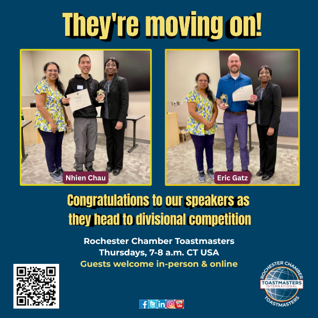 ChamberTmasters's tweet photo. A Sunday Salute to our Area Speaking Contest winners!: Nhien Chau & Eric Gatz #Toastmasters #rochmn #rochester_mn #publicspeaking #leadership #rochestermn #mentorship #neighborshare #neighborstory #competition #speech #Contest https://t.co/5I1xmf6v6q