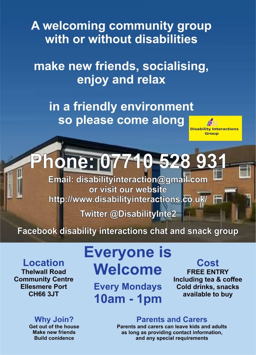 DisabilityInte2's tweet photo. We are open tomorrow for chat and snack at Thelwall Road Community Centre Great Sutton, Ellesmere Port CH66 3JT from more information please contact disability interactions group on the information below 07710528931 disabilityinteraction@gmail.com https://t.co/IU6MUb8J0x https://t.co/RzF3qMvdH7