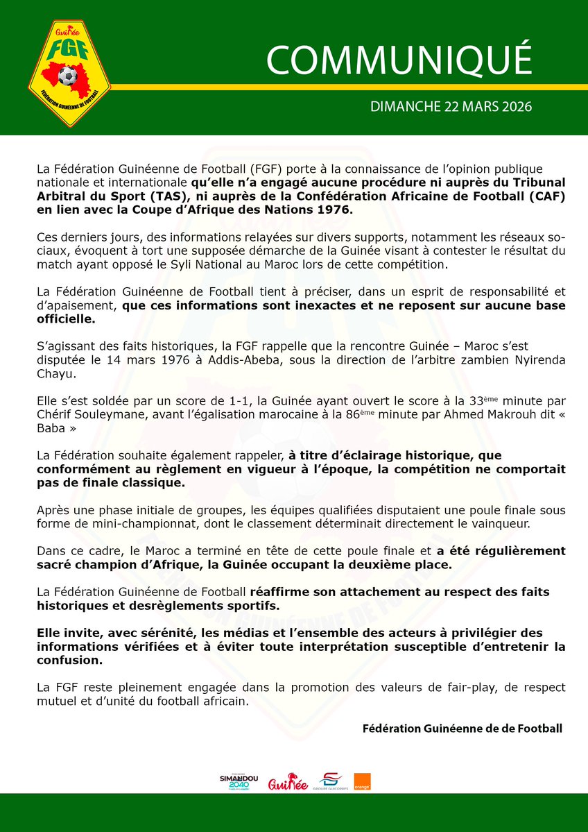 Mise au point de la Fédération Guinéenne de Football relative à la CAN 1976

#FGF I #CAF I #Maroc1976