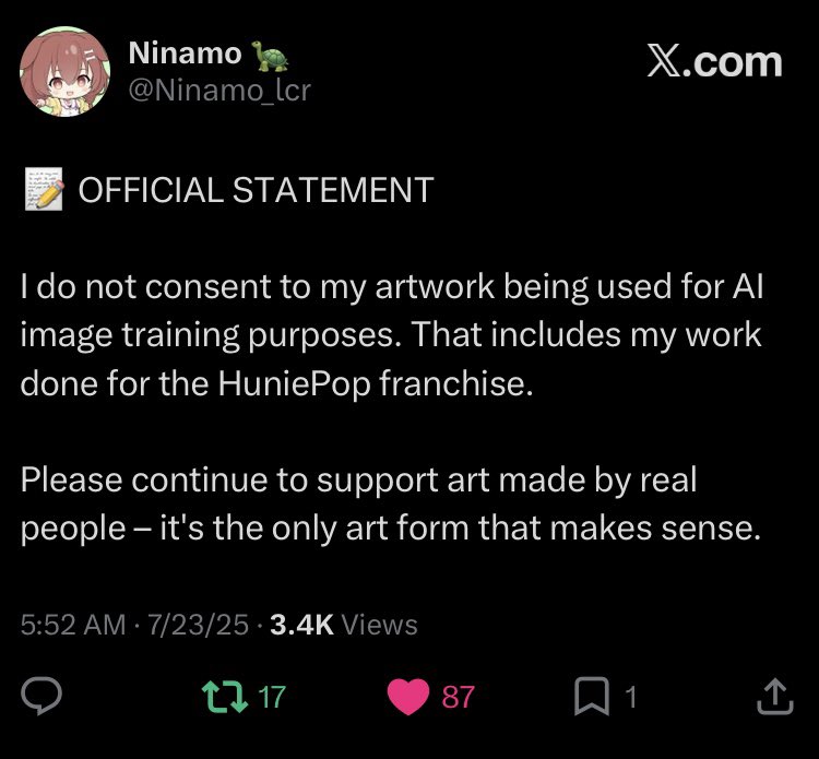 Huniecord's tweet photo. @Animeneax Ninamo has requested you not make AI art out of their work. Stop disrespecting artist rights. https://t.co/znAtorVSSC