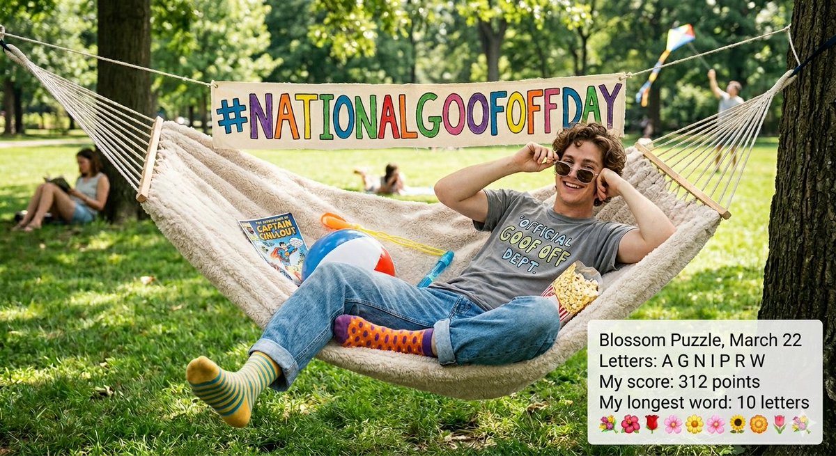 2God4em's tweet image. I’m currently w_a_p_ng up a high-level session of absolutely nothing. People call it "lazy," but with #Oumancy, I call it "strategic divine relaxation." Happy #NationalGoofOffDay! 🧘‍♂️✨

💮 🌻 💐 🌷 🌸 🏵  🌼
The Daily Blossom Puzzle:
🌹 💮 🌻 💐 🌷 🌸 🏵  
merriam-webster.com/games/blossom-…