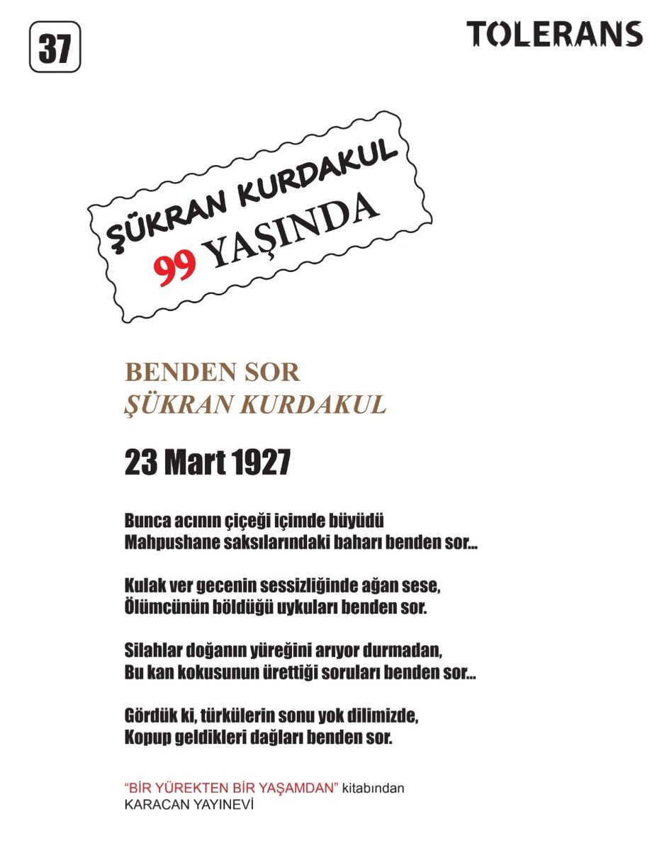 toleransdergi.blogspot.com/2026/02/tolera…

ŞÜKRAN KURDAKUL 99 YAŞINDA 
23 Mart 1927

#şükrankurdakul #toleransdergi #kültür #Sanat #edebiyat