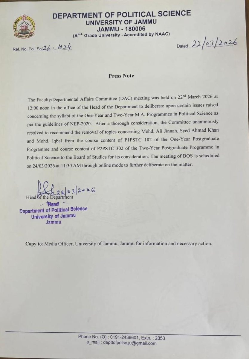 sajidbukharii's tweet photo. Thread on Jammu Uni recommendation to remove chapters on Sir Syed and Allama Iqbal : 1/7

I have no concern with the Jinnah. However, the removal of chapters on Dr. Allama Iqbal &amp; Sir Syed reflects a deeply troubling decline in academic standards in India... https://t.co/TKymxKOoND
