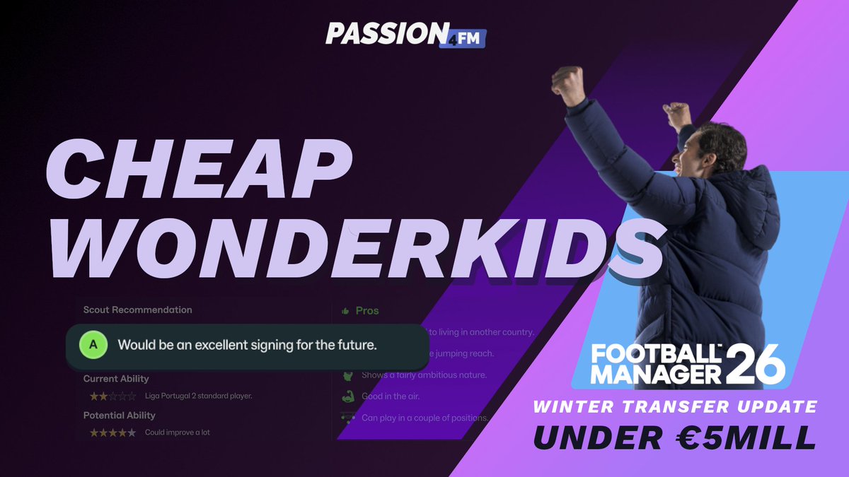Passion4FM's tweet image. Hunting for cheap wonderkids in #FM26? Watch out for these incredible football talents in #footballmanager Winter Update!

Today @BenDoesFM takes a look at 12 MUST-BUY Wonderkids in FM26.2 Update available for less than €5Million!

I'm 100% sure there are several players you've