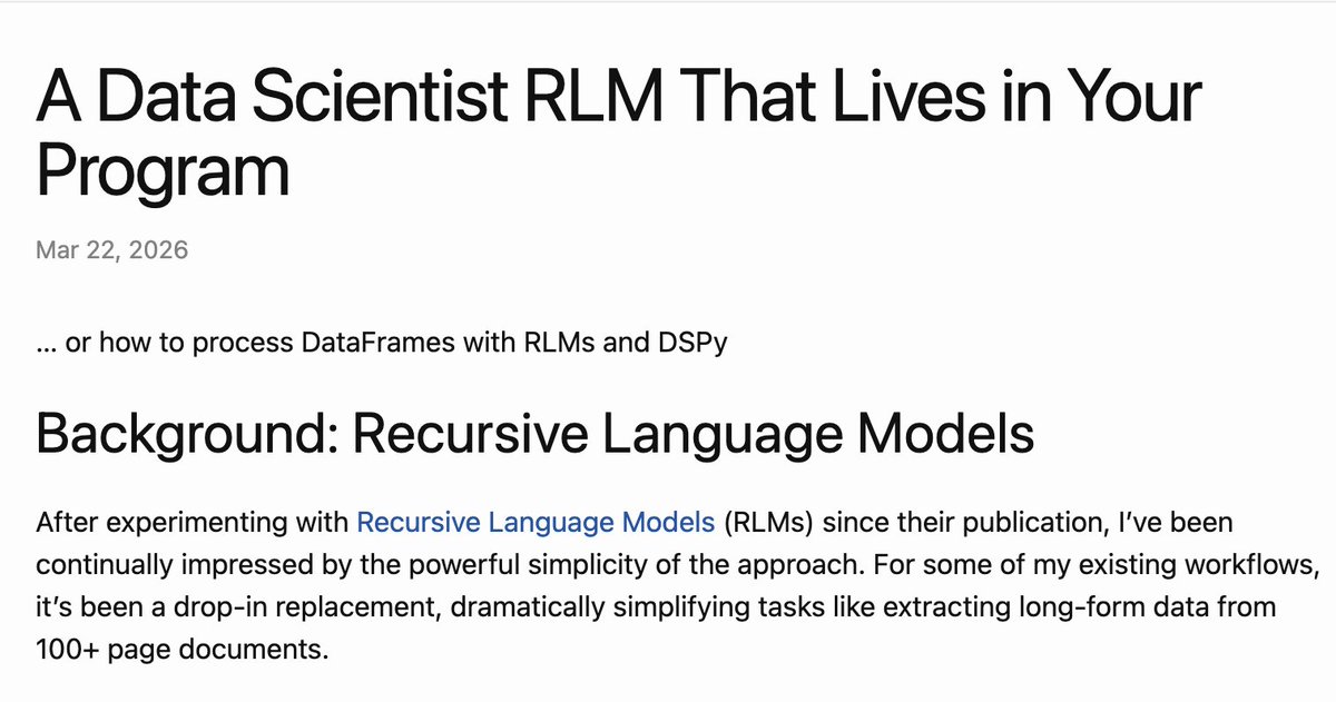 kmad's tweet photo. What if we combined RLMs with DataFrames?

Recursive language models by @a1zhang  and @lateinteraction are a promising new direction for LLMs...

... but initially only operate on strings. The REPL they use is capable of much more than that.

By combining RLMs, DSPy, and DataFrame support you can do things like achieve ~87% on DABench in 15 lines of code, largely by "getting out of the way" of the model.

The approach is fairly simple:
- Import the required libraries into the REPL sandbox for your type, in this case pandas and pyarrow for efficiency
- Define a serialization approach to get the data from host to sandbox
- Define the Output fields you want
- Let the model loose in the REPL; it will iteratively explore and analyze the data until it's ready to return the response