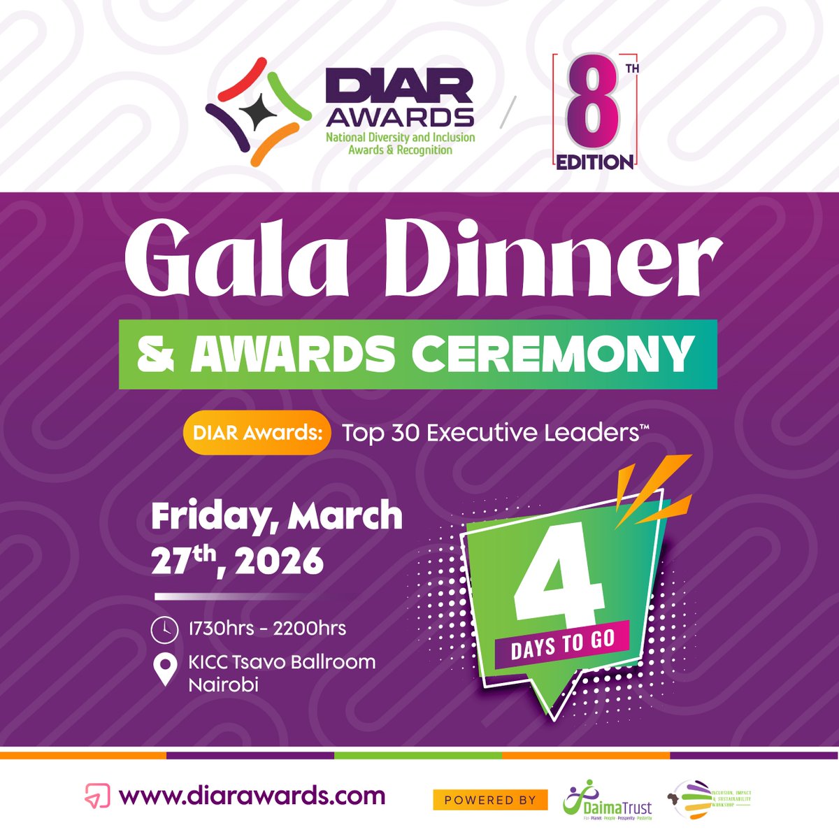 DIAR_Awards's tweet photo. It is this coming Friday.
4 Days to Go.

The room is set.
The stage is ready.
The stories are waiting.

In just four days, at the iconic Kenyatta International Convention Centre, we gather to witness leadership that truly matters.

Not loud.
Not fleeting.
But lasting.

 This is DIAR. This is Daima Trust. 

For the People.
For the Planet.
For Prosperity — for Posterity.