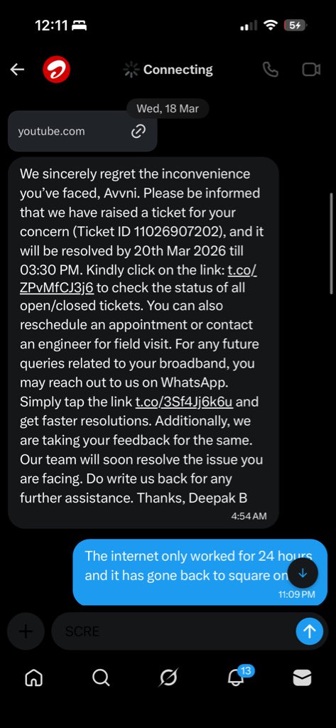 avni_narayan's tweet photo. Yet again disappointed by @airtelindia ’s service. They “tried” fixing my wifi issue and said it will be resolved by 20th march. It’s 22nd. All I have been receiving as messages is to go to the ticket link to check the status. Why aren’t any service associates coming to check? https://t.co/14tf2GaLCV