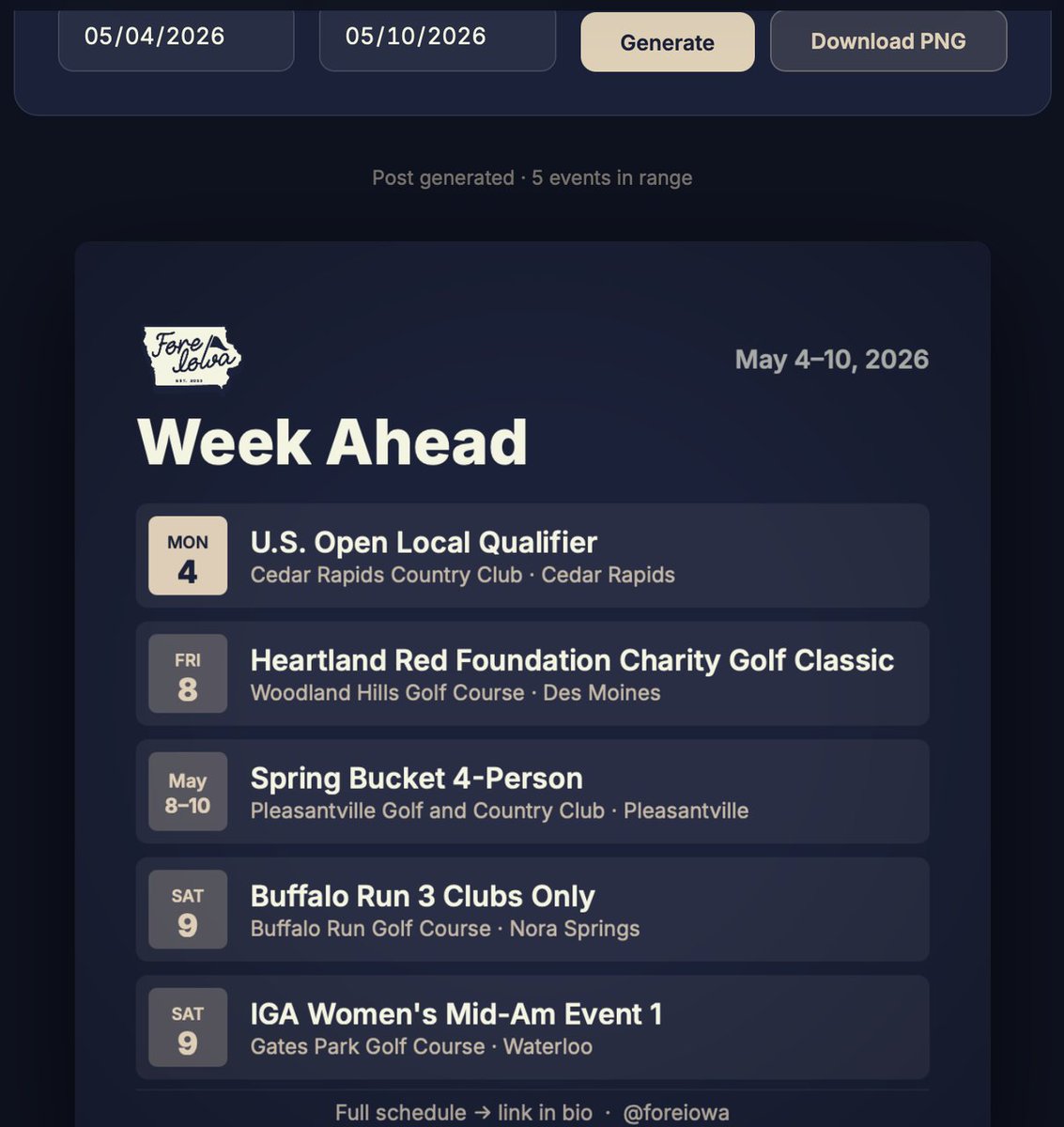 ForeIowa's tweet photo. Reason 13,687 AI is cool.

I built this little app that lets me generate social post announcements for golf tournaments in Iowa. Took like 20 minutes. https://t.co/kEIM51w7S5
