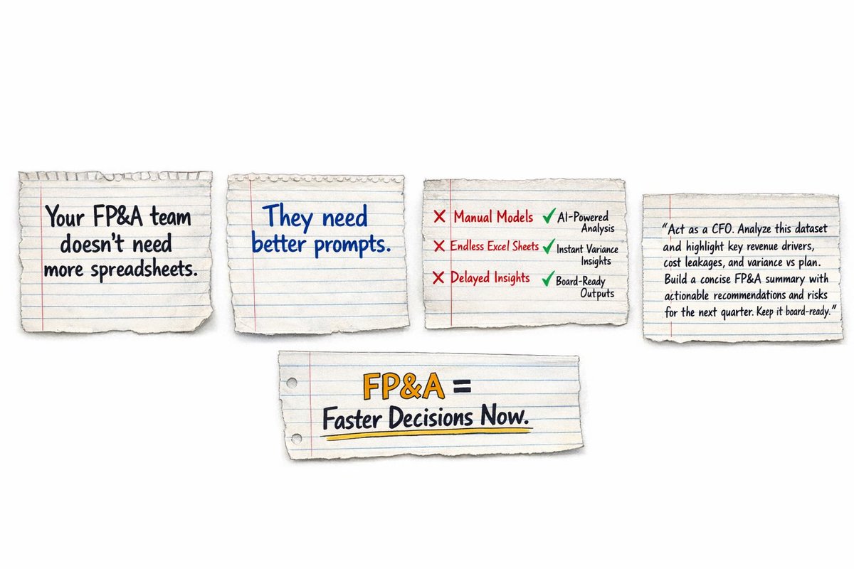 YourSuperCFO's tweet photo. 1) FP&amp;A teams don’t need more spreadsheets.
They need better prompts.

FP&amp;A = Faster Decisions ⚡ https://t.co/2bfeW5A7Eh