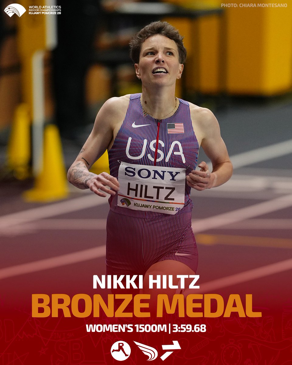 DyeStat's tweet photo. Adding to the medal collection! 🥉🎉

Nikki Hiltz runs an indoor PB of 3:59.68 to take bronze in the women's 1500m at #WorldIndoorChamps -- their second global medal.

📸: Chiara Montesano https://t.co/P9J526H0u4
