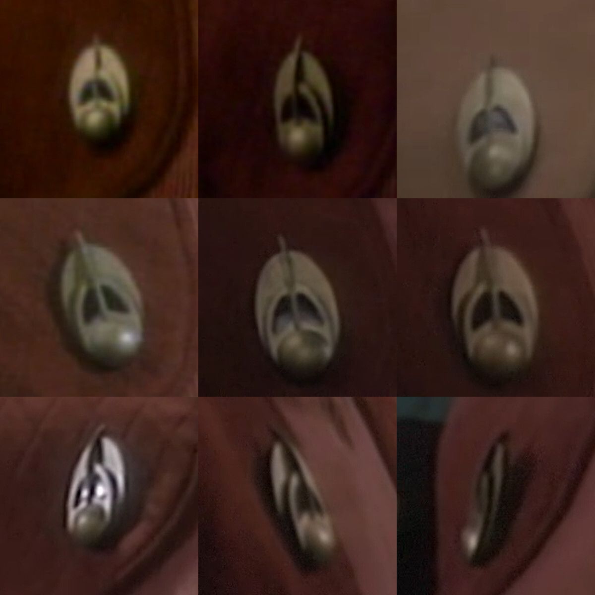 gaghyogi49's tweet photo. The Bajoran combadge, first seen in #StarTrekDS9's "Emissary", is shaped like the Bajoran emblem, as can be seen from these screenshots of Kira and Odo wearing the combadge in the pilot and the collage of combadge shots, also from "Emissary". https://t.co/dMZ5rW1eak