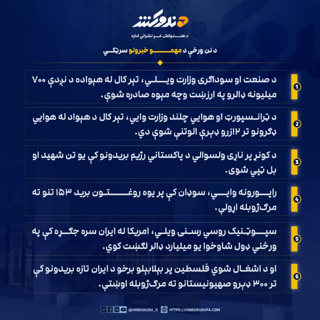 د نن یکشنبې ورځې د مهمو خبرونو سرټکي؛ د حمل/وری ٢ مه.

#هندوکش‌غږ