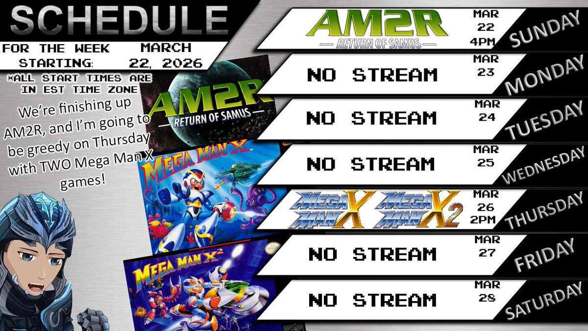 RKMusou's tweet photo. Took a bit longer to post than expected, sorry about that!

Sun, finishing up AM2R
Thurs, Mega Man X1 AND 2!

This week is a bit short, so we'll squeeze in more games!

Have a great week! 

https://t.co/EkZJ44xiXJ
https://t.co/sabGOclOmn
#ENVtuber #Vtuber #VTuberEN https://t.co/h2gtQQlKCf