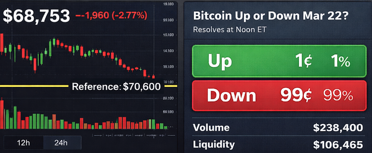 Hokkai_KEIZEMI's tweet photo. BTC around $68.75K–$68.8K (CMC, CoinGecko, Binance avg), down ~2.6% in 24h after rejection near $70.6K. Polymarket “Up or Down Mar 22” (noon ET) shows extreme skew — Up <1%. Price already well below ref. #BTC #Polymarket https://t.co/cal8euGG6e