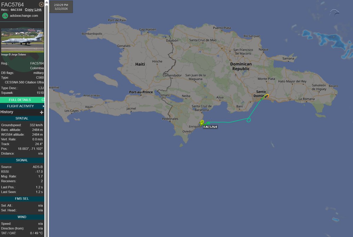 FlconEYES's tweet image. FAC5764 | 0AC338
🇨🇴FAC Fuerzas Armadas de Colombia 
CESSNA 560 Citation Ultra

Interesante ver las FAC de Colombia colaborando con #RD 

#AvGeek #ADSB #planespotting #22Mar