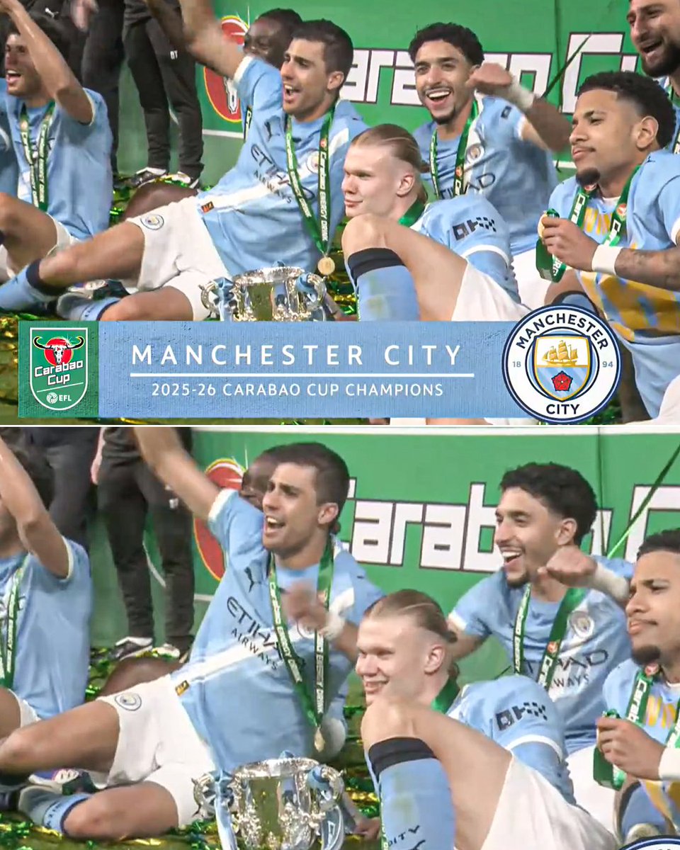ESPNFC's tweet photo. Haaland was posted up for the team picture with the trophy 😂 🏆 https://t.co/6rw1nuPb0S