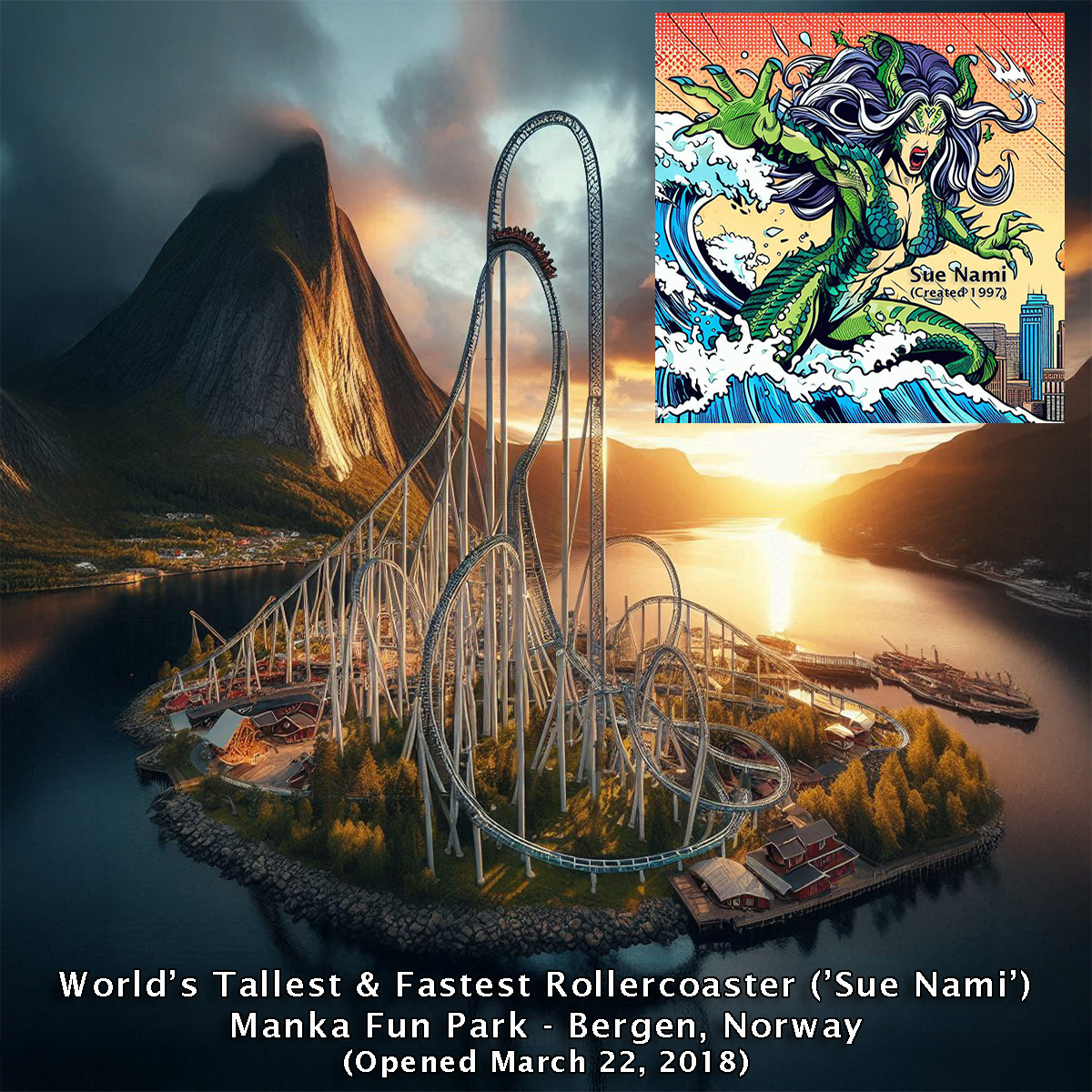 MankaBros's tweet image. This Date In Manka Bros History -March 22, 2018:

Manka Fun Park in Bergen, Norway, opened the world’s tallest and fastest rollercoaster (the ‘Sue Nami’ based on the MC Comics villain).

mankabros.com

#themepark #rollercoaster #disney #sixflags #bergen #satire #parody