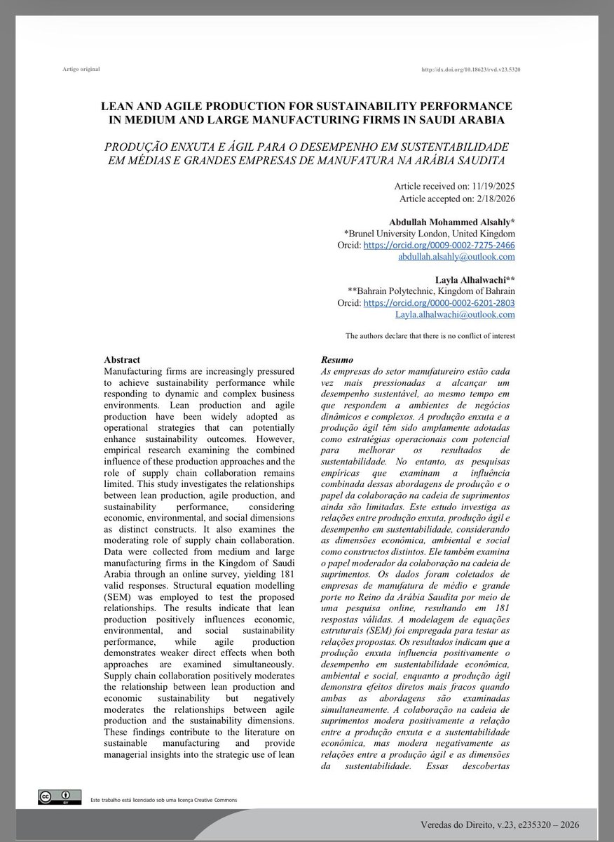 AlsehlyAbdullah's tweet photo. بفضل من الله وتوفيقه، نشرت أول ورقة بحثية في مجلة علمية مُحكمة (Peer-reviewed)، متخصصة في مجال الاستدامة، بعنوان:

 "الإنتاج الرشيق (Lean) والإنتاج المرن (Agile) لتعزيز أداء الاستدامة بالمصانع المتوسطة والكبيرة في المملكة العربية السعودي��"

🔗 لقراءة المقال كاملاً من هنا: 

DOI: https://t.co/2OZxjDZQXe

واسأل الله أن يكتب فيها النفع والإسهام في تطوير أبحاث الاستدامة الصناعية.