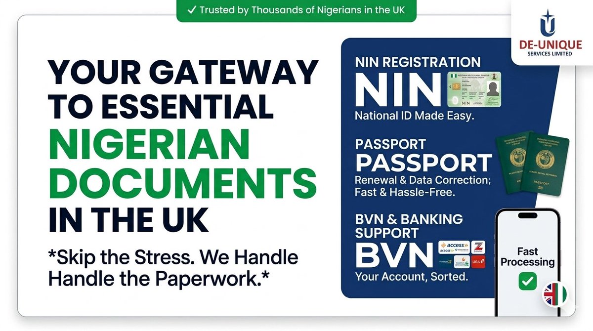 deuniqueservice's tweet photo. De-Unique Services 🇬🇧
We help Nigerians in the UK with:
✅ NIN enrollment
✅ BVN registration
✅ Passport assistance
✅ Nigerian bank account support

🌐 Website: https://t.co/NpHzAExMeV

📧 Email: hello@deuniqueservicesltd.co.uk

📞 Phone:07454539159

#NIN #BVN #NigeriansInUK https://t.co/MGdQETpqjm