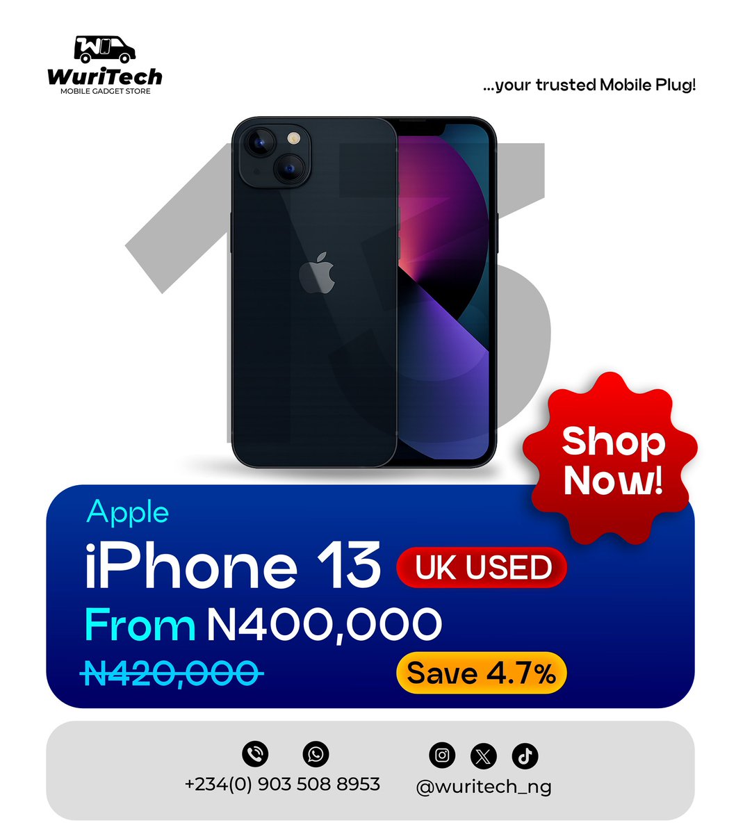 wuritech_ng's tweet photo. iPhone 13 UK Used 🔥  

Clean | Fast | Great battery
  
Was ₦420k → Now ₦400k (Save ~4.8%!)  

DM or WhatsApp +234 903 508 8953  
Moving fast!  

WuriTech 🚀 #iPhone13 https://t.co/adY2HYJWi9