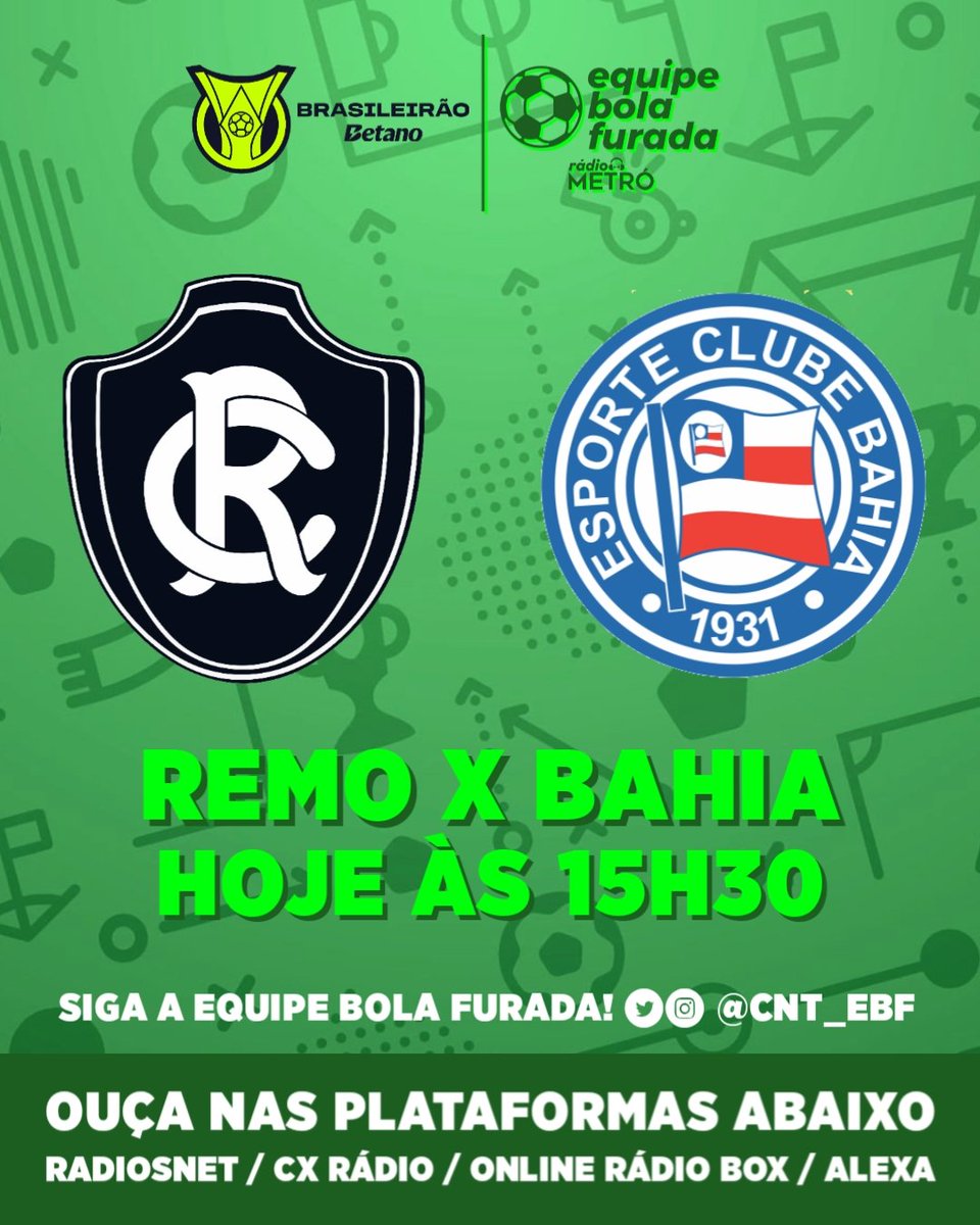 E NA RÁDIO METRÓ TEM DUELO DE GIGANTES NO BRASILEIRÃO SÉRIE A!

Às 15h30 a bola vai rolar entre Remo x Bahia! Vai perder?

Quer participar da transmissão? Interaja no X (Twitter) com a hashtag #BrasileirãoNaMetró!