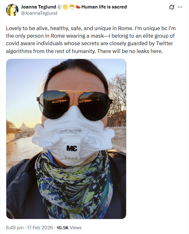 JoannaTeglund's tweet photo. If I can wear this mask as the only person in Rome, Stockholm, or in Warsaw, what's your excuse? Just fucking mask up!
#CovidIsAirborne #RespiratorsWork #Maskup #Communitycare https://t.co/D5qxcgAJZm