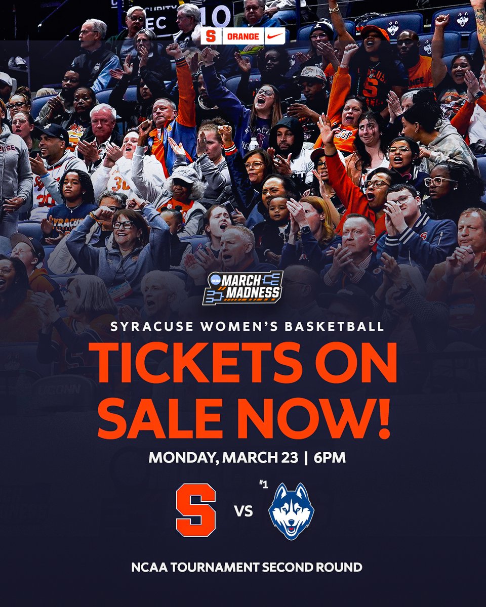 🍊 Orange Nation, we need you here in Storrs Monday night!

Just a handful of tickets remain for tomorrow's second-round matchup with #1 UConn. 

🎟️: uconnhuskies.com/tickets/