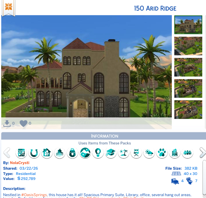 NolaCrysti's tweet photo. β¨ New on Gallery β¨
150 Arid Ridge
Nestled in #OasisSprings, this house has it all! Spacious Primary Suite, Library, office, several hang out areas, laundry. Perfect house for your sims family.
#sims4 #thesims4 #sims #ts4 #NoCCBuild #ShowUsYourBuilds #nolacrysti https://t.co/riEacPrL1c