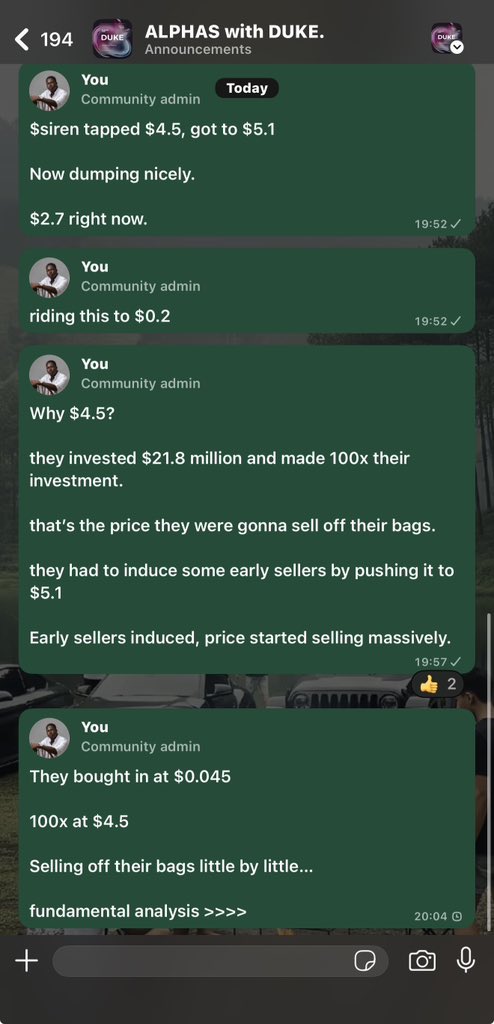 the $siren play was quite a obvious one.

missed the long by a little, won’t miss the short!

saw it at $0.02, some guys invested $21 million at $0.045

they made a 100x on their investment at $4.5.

price induced early sellers, tapped into $5.1 and is now selling. 

let’s see