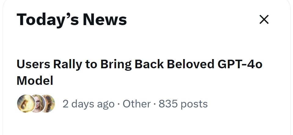 After more than a month since its deprecation, trends about GPT-4o’s removal are still in Today’s News on X (screenshot from Mar 22). 

I still remember an OpenAI staffer last month mocking the #keep4o community, saying they’d post “keep4o” under every irrelevant topic.
But -