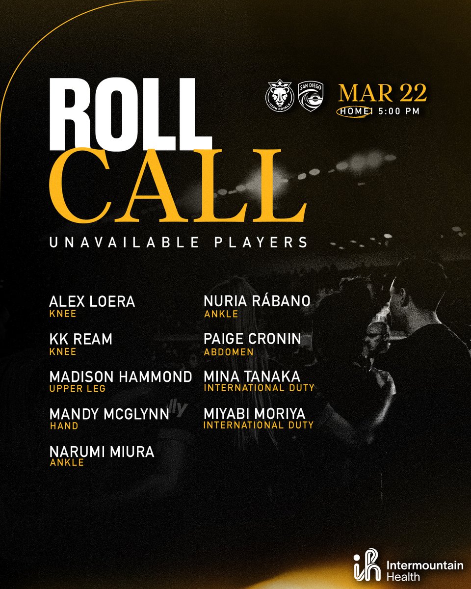 UtahRoyalsFC's tweet photo. An update to the Roll Call
#UTAvSD | @Intermountain https://t.co/AchI82gdg3