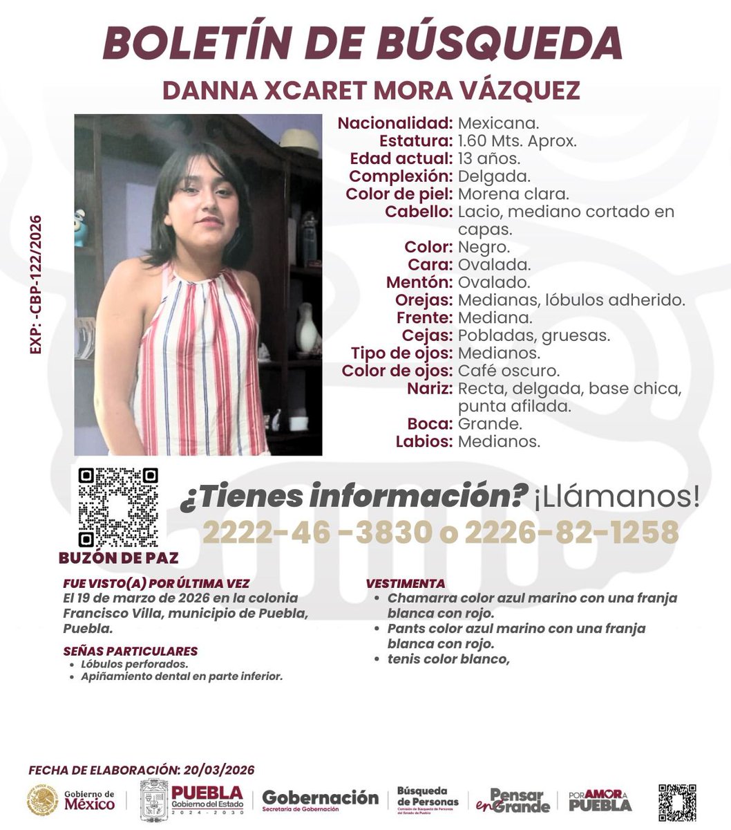 TelevisaPuebla's tweet photo. 🚨#ServicioSocial | Solicitamos su colaboración para la pronta localización de Danna Xcaret Mora Vázquez, vista por última vez en el Municipio de Puebla, #Puebla. Cualquier información sobre su paradero puede ser de ayuda. 🙏🏼 https://t.co/OJ5nNz6HZZ