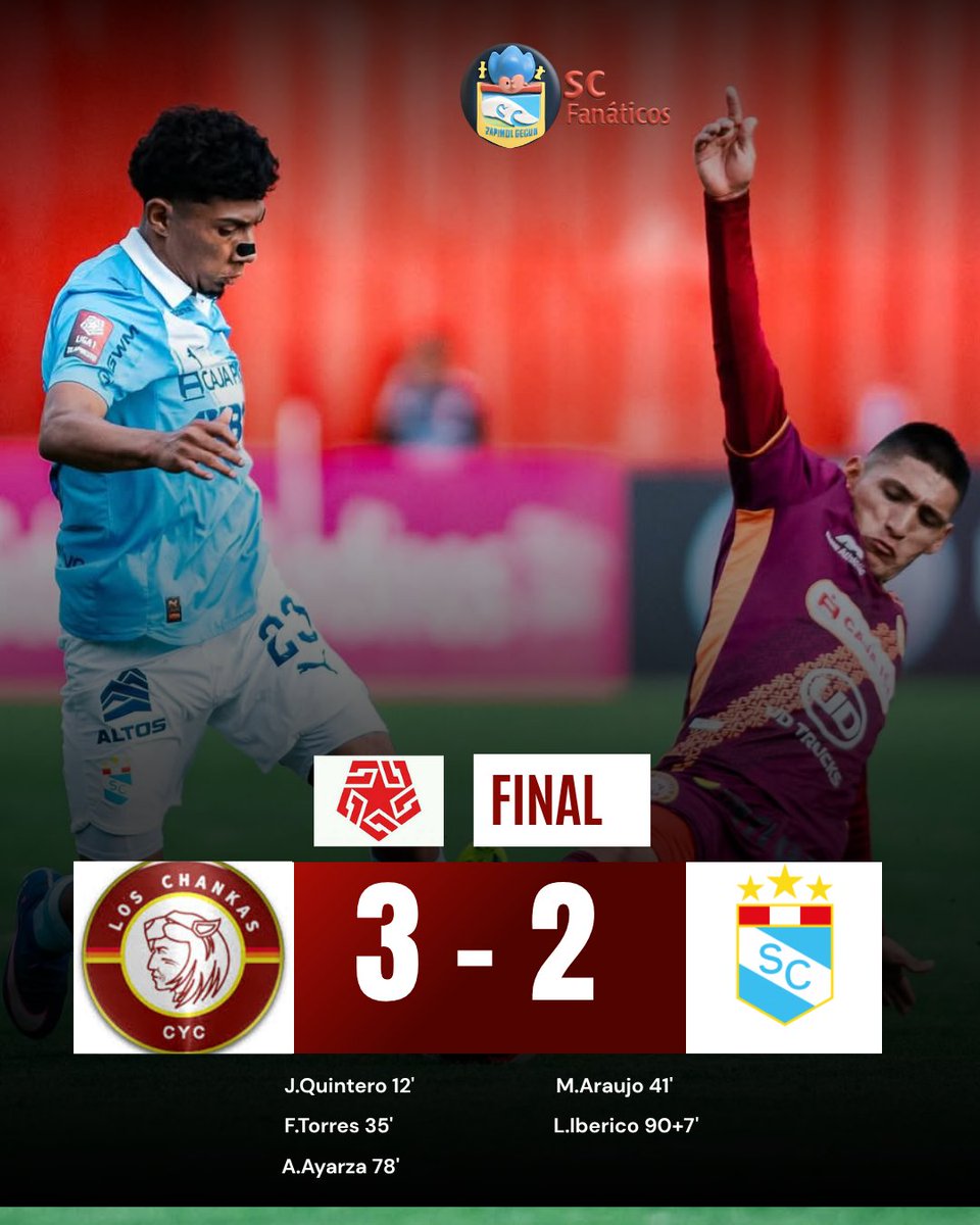 SCAleF21's tweet photo. ¡CAIDA DE ALTURA!

Sporting Cristal cayó en Andahuaylas por 2-3 ante Los Chankas por la fecha 8.🇵🇪🏆

⚽️ M.Araujo y L.Iberico descontaron para los Celestes

#fuerzacristal🩵 
#Futbolperuano https://t.co/Gew7nXnn1X