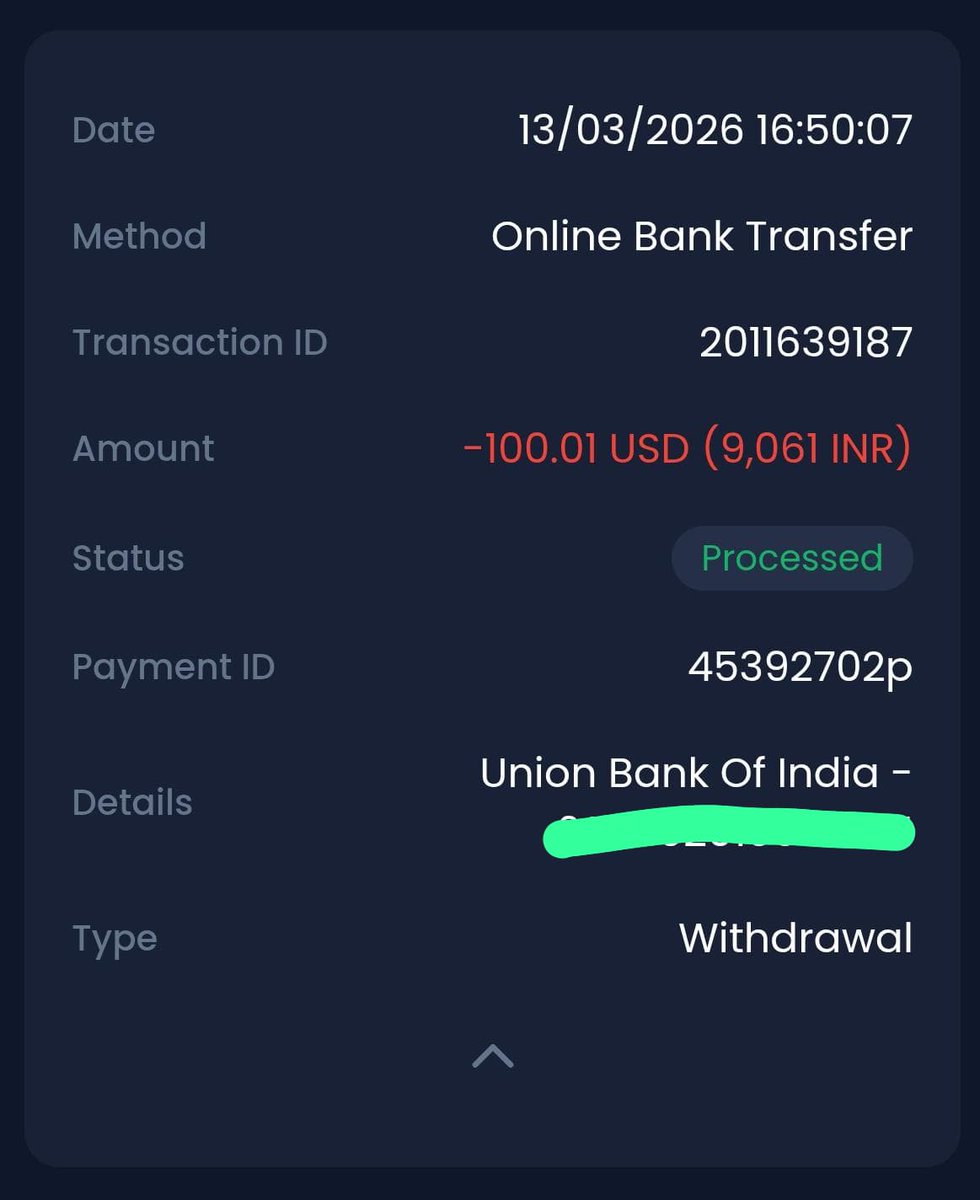 Shivi1122's tweet photo. @XM_COM Beware XM users!!!

Received a withdrawal on 13/03/26 of Rs 9,061.00 and on 20/03/26 same amount  blocked by Cyber crime.

Also experienced the same for the first time. Shared some details which I can share.

Mailed to XM with bank statement but got nothing till now. https://t.co/vznRhALAZZ