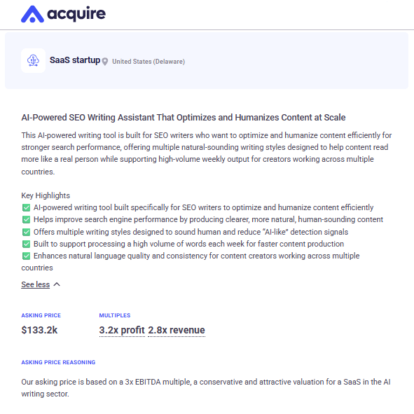 agazdecki's tweet photo. Tiny SaaS with huge margins!

AI SEO writing assistant for content writing.

Just listed on @acquiredotcom:

> $47k TTM revenue
> $41k TTM profit
> $35k ARR

You don't need to overcomplicate your startup.

Full listing: https://t.co/tBCPPmKopK https://t.co/ypnLSIdi8Y