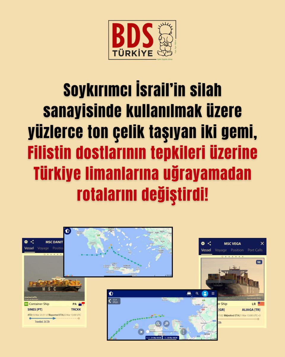 Soykırımcı İsrail’in silah sanayisinde kullanılmak üzere yüzlerce ton çelik taşıyan iki gemi, Filistin dostlarının tepkileri üzerine Türkiye limanlarına uğrayamadan rotalarını değiştirdi! 

Uluslararası BDS Hareketi’nin, Akdeniz üzerinden İsrail’e 600 ton askeri amaçlı çelik