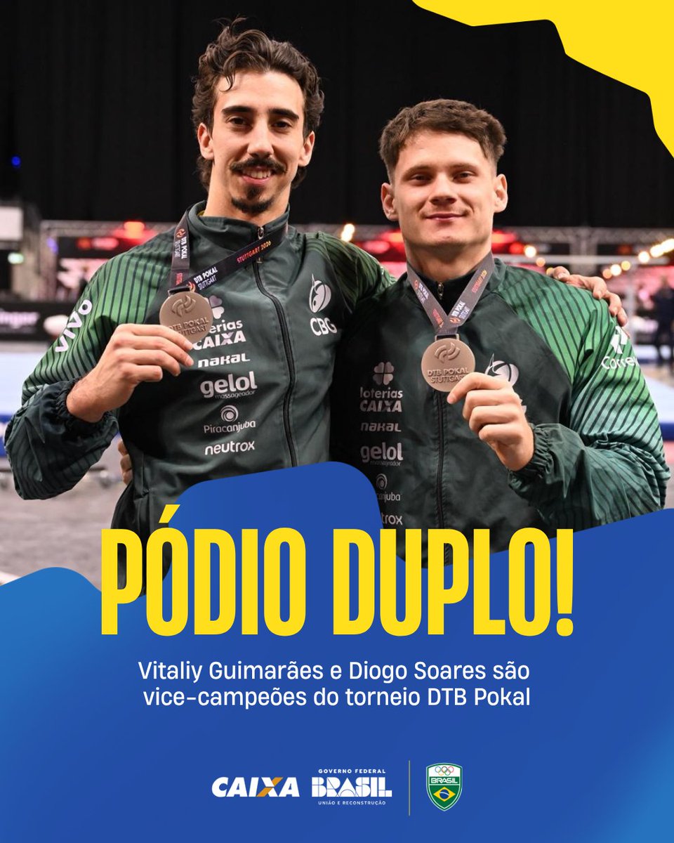 DOBRADINHA BRASILEIRA! 🇧🇷🥈

Neste domingo (22), o #TimeBrasil conquistou duas medalhas de prata no torneio DTB Pokal de ginástica artística, em Stuttgart, na Alemanha.

Vitaliy Guimarães foi vice-campeão na prova de solo e Diogo Soares garantiu a prata nas paralelas. 👏

📸