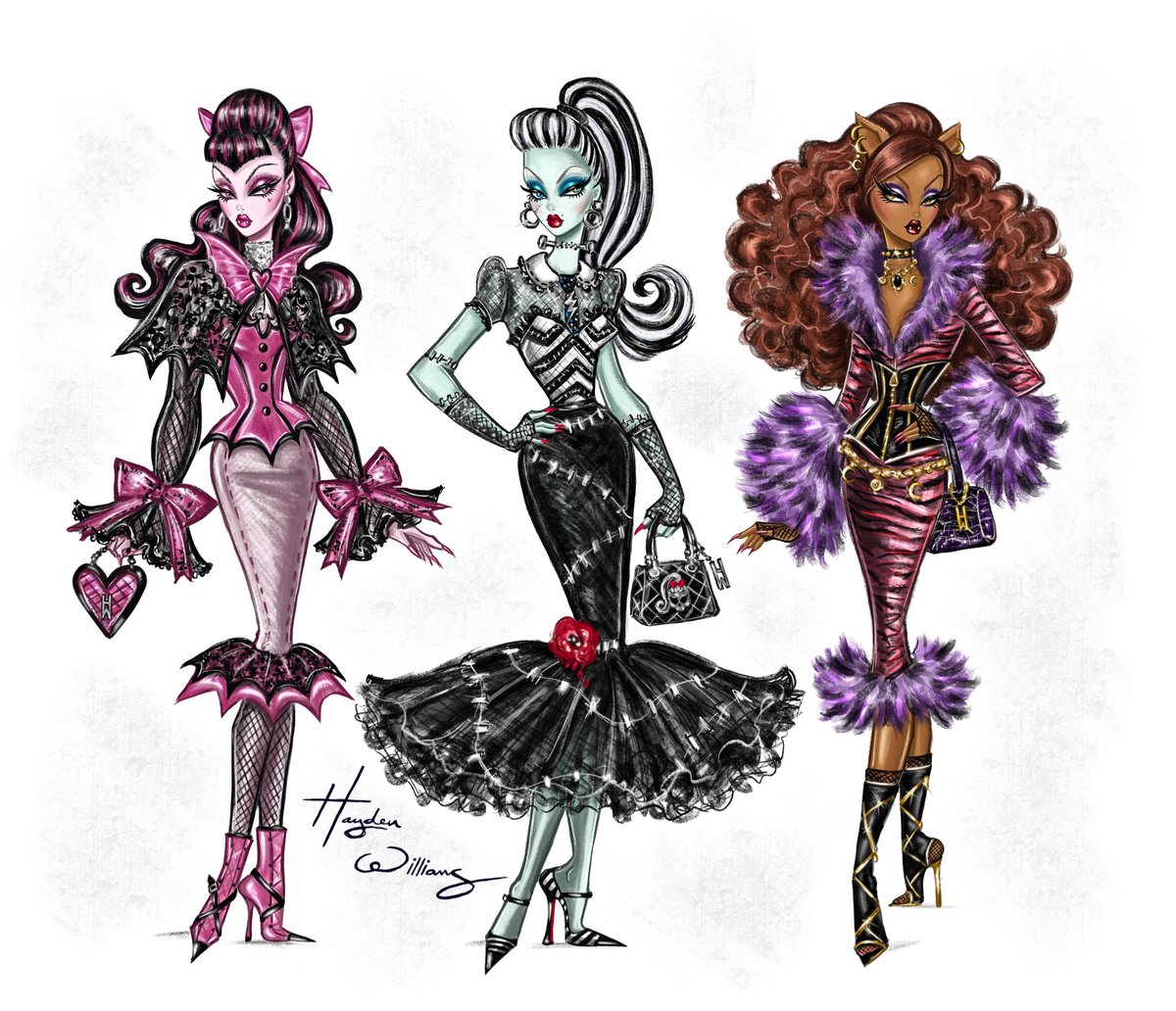 Hayden_Williams's tweet photo. #BARBIE X #MONSTERHIGH 🩷🖤💜

I created these last year but didn’t share here. Remember when I came up with Silkstone Barbie x #FrankieStein? Well, I decided to make it a full collection & add #ClawdeenWolf & #Draculaura to the mix. These would be #BFMC, with the original vintage 1959 Barbie face, but designed in a more high end style of Monster High.