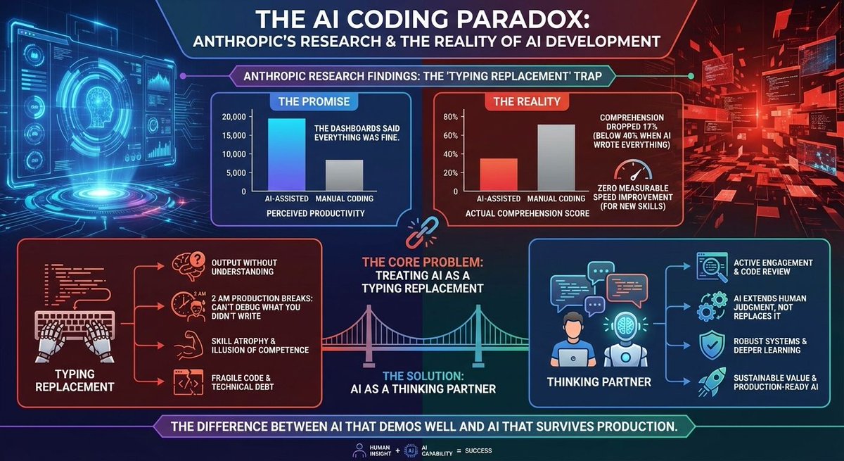 drjerryasmith's tweet photo. Their own research: developers using AI coding tools scored 17% lower on comprehension. Sub-40% when AI wrote everything. Zero speed improvement.

The dashboards looked fine. The engineers couldn't debug what they'd shipped.

I see this across every portfolio company I assess. The pattern is always the same — companies buy AI tools, measure output speed, and call it a transformation. Nobody measures whether humans still understand the system they're running.

That's why I build AI differently. Purpose-built systems trained on proprietary operational data, where AI encodes how your best people actually think — not replaces them. The result compounds. The alternative is technical debt nobody's measuring until production breaks at 2 AM.

The gap between AI that demos well and AI that survives production is where all the margin lives. 
https://t.co/KpmO4YQF8U