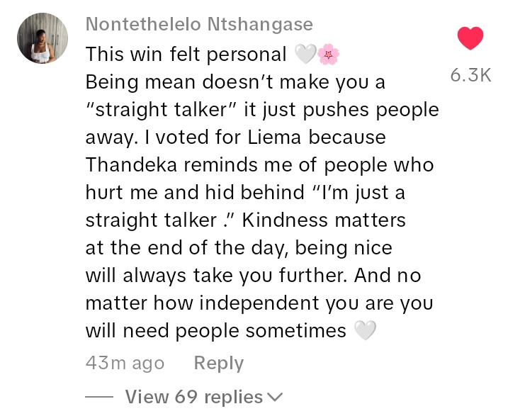 Chixo191's tweet photo. Y"all keep saying that it's not fair that a returning HM won but Tdk was the new HM with the most vile attributes you wanted to give the win . No way I would have voted for Tdk just coz she's a new housemate #BBmzansiS6 https://t.co/HVKbuh6GKB
