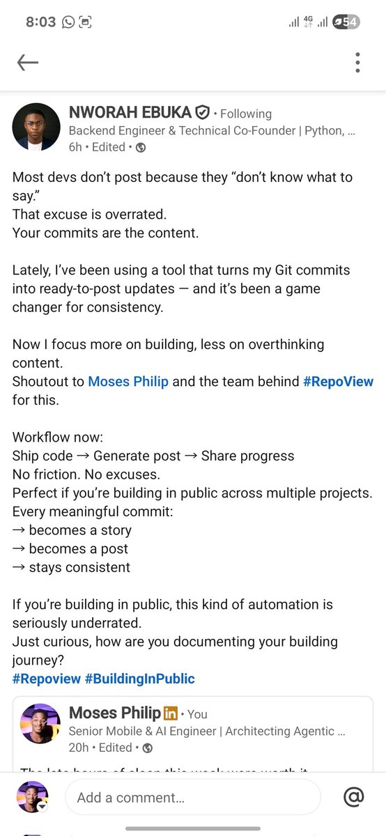 chubi_wonder's tweet photo. Nothing beats waking up to your product solving real problems for other founders/DEVs 🚀
Seeing this feedback on LinkedIn today confirms I’m on the right path.
#buildinpublic #SaaS #RepoView https://t.co/4982zbYubv