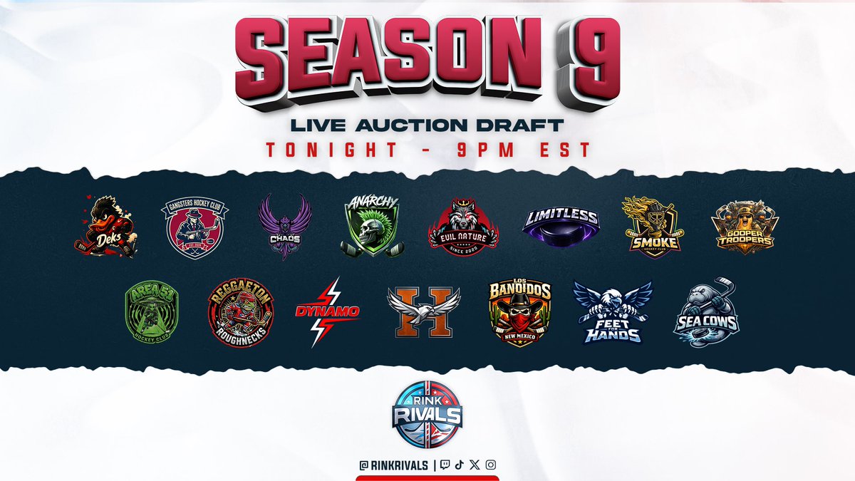 The Rink Rivals Season 9 Draft goes down this evening. 

You can watch live at twitch.tv/rinkrivals as 15 teams build their rosters and figure out who will go where. 

We’ll have full media coverage all throughout the night.

Let’s have a draft!