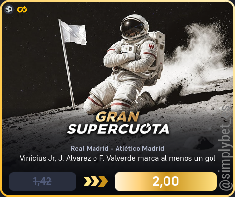 simplybet_es's tweet image. 🔊🔊 Supercuota DORADA Winamax 🔊🔊

⚽️ Real Madrid - Atlético Madrid (Hoy 21:00)
Vinicius Jr, J. Alvarez o F. Valverde marca al menos un gol
1.42 ➡️ 2.00 (40.85%) [10€]

#winamax #supercuota #dorada